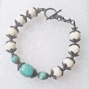 Ornate Chunky Semi-Precious Stone Bracelet - Turquoise/Teal Green Cream + Bronze